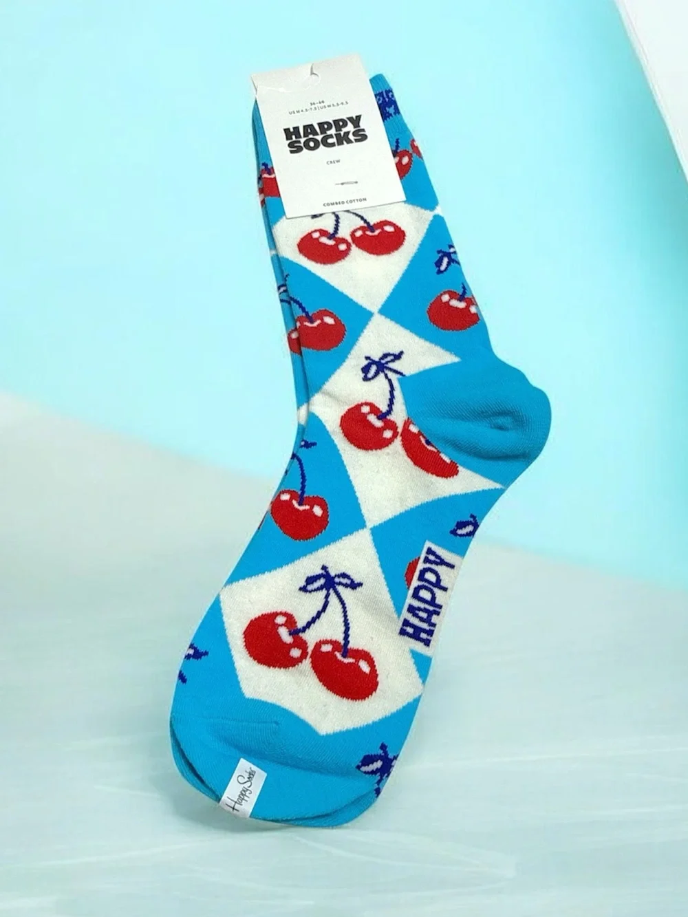 Happy Socks Bright Blue Crew Socks with Red Cherry Pattern